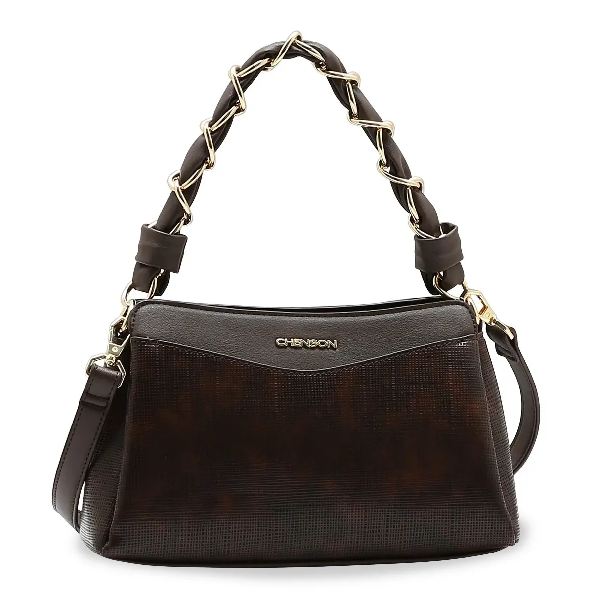 Bolsa feminina Chenson cor café com alça trançada dourada, vista frontal